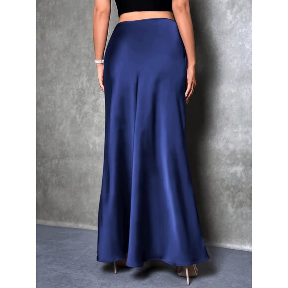 Elegant Satin Maxi Skirt for Women High Waisted Navy Blue Silk Dressy Casul - Picture 6 of 7